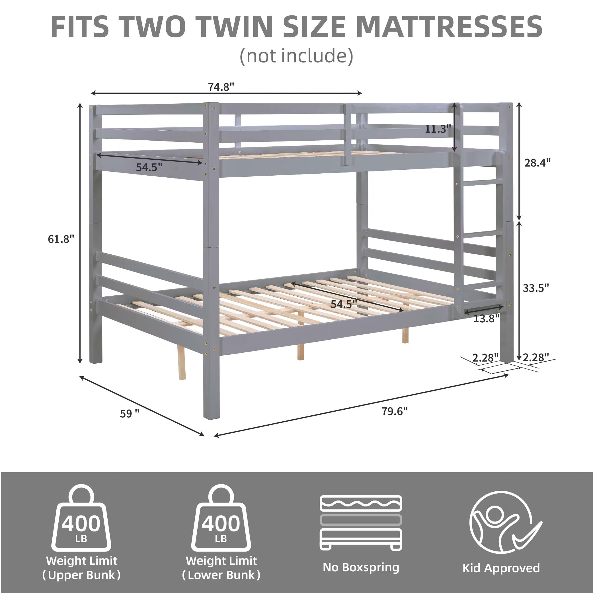 MAYEERTY Full over Full Bunk Bed with Thick Posts, Solid Wood Bed Frame with High Guardrail and Ladder, for Kids Teens Dorm Rooms, No Box Spring Needed