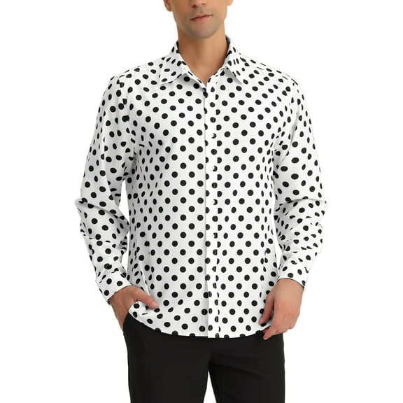 INSPIRE CHIC Men's Polka Dots Print Dress Shirt Button Down Long Sleeves Casual Shirts S White