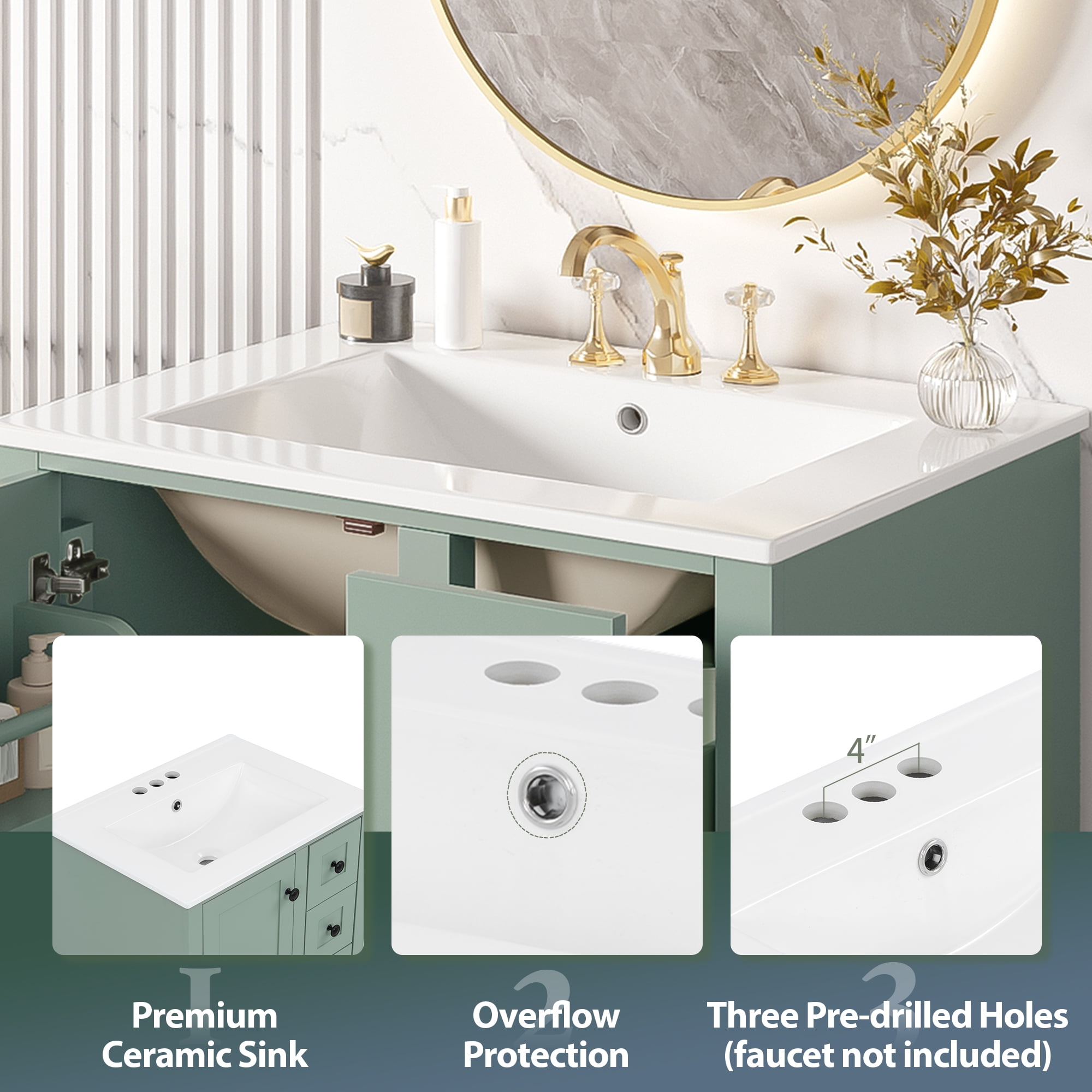 Euroco 24-inch light green bathroom vanity with an integrated ceramic basin, featuring a door-mounted double-layer shelf, soft-close drawers, and a soft-close cabinet door