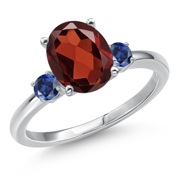 Gem Stone King 14K White Gold Red Garnet and Blue Created Sapphire Engagement Ring for Women | 3.08 Cttw | Oval 10X8MM | Gemstone January Birthstone | Size 8