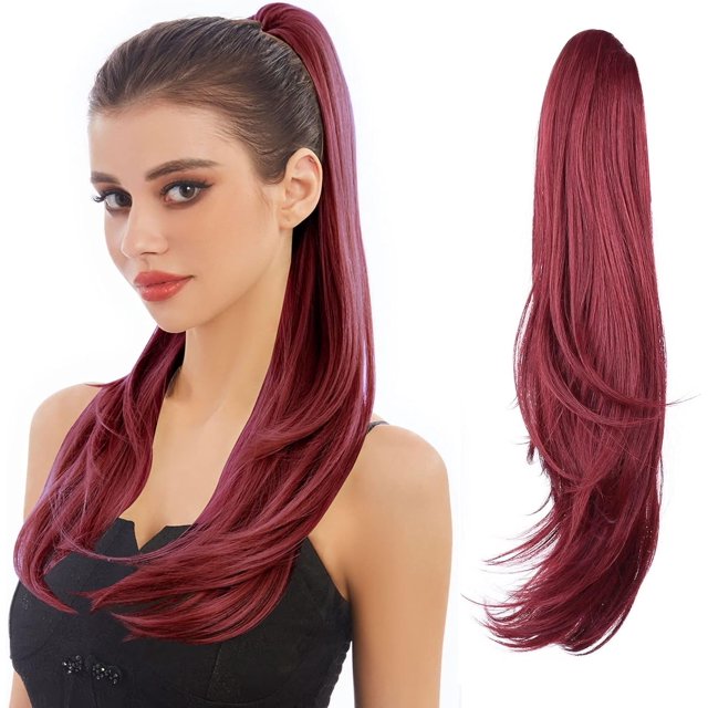 ORUYROP Extension de Queue de Cheval, Extension de Cheveux Queue de Cheval Griffe 22 Pouces Longue Postiches Synthétiques Ondulés Lisses Pince pour Queue de Cheval Perruque Queue de Cheval Quotidienne Duveteuse pour Femmes, 4,8 OZ, Auburn