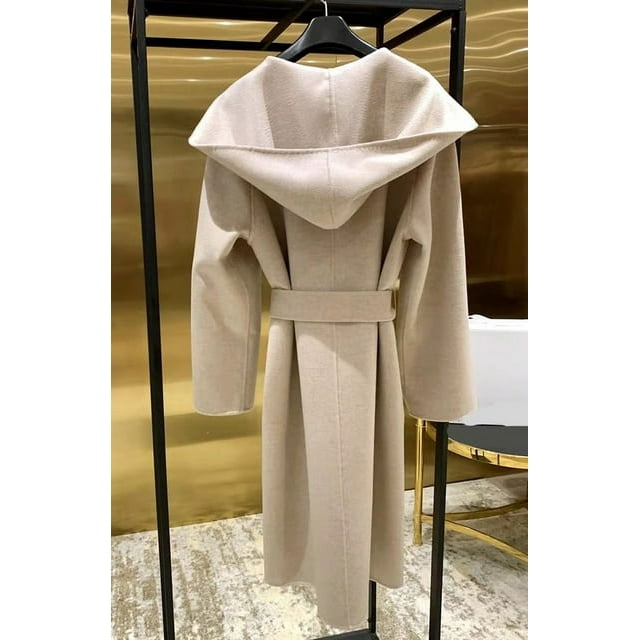 QueenLine Manteau à Capuche Décontracté Mi-Long en Cachemire avec Lacets Couleur Tabac