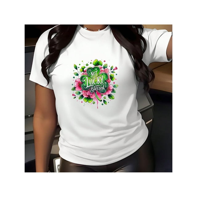 Camiseta estampada 100 % algodón para mujer, de manga corta y cuello redondo, para uso diario informal, 1 pieza, camiseta de ocio.