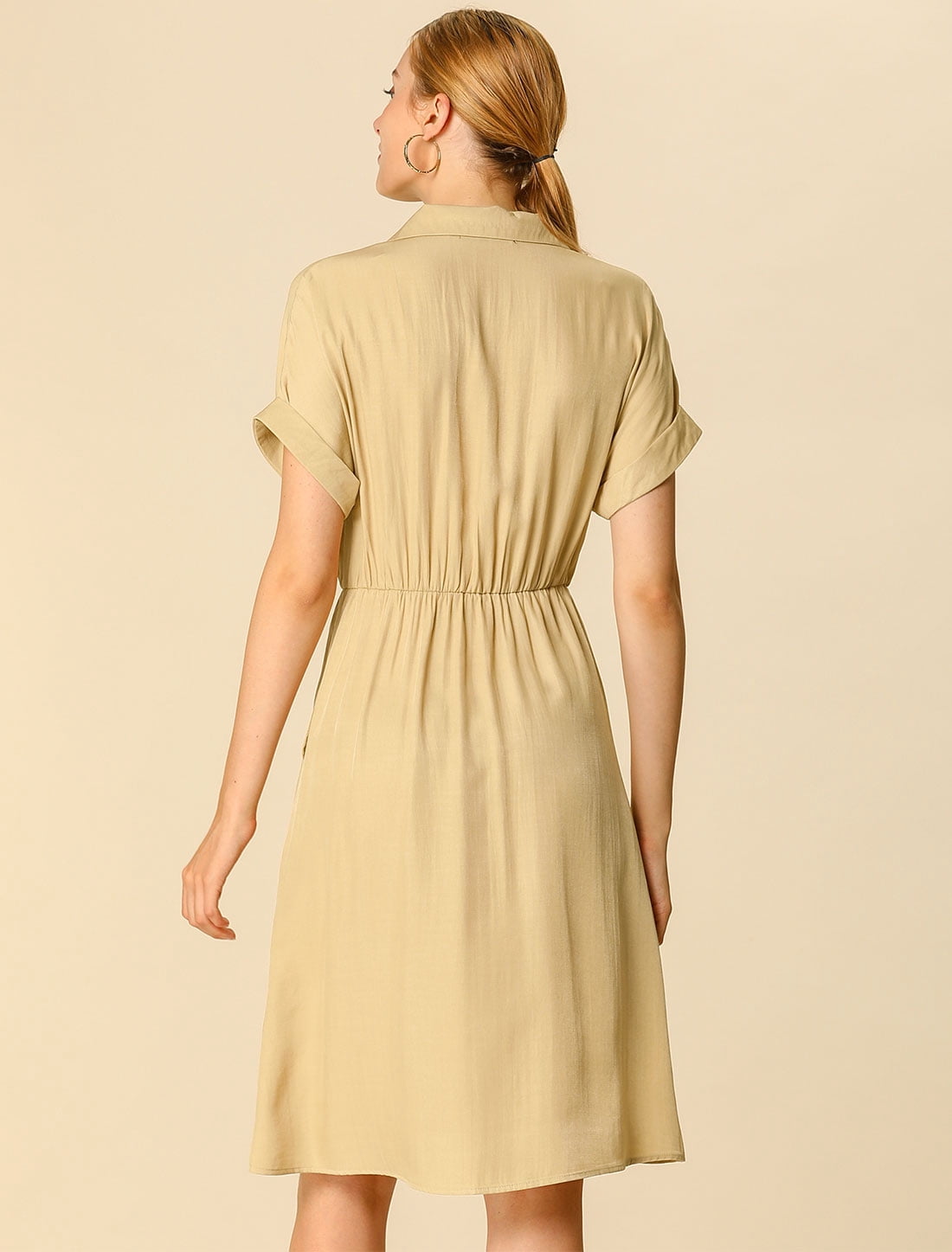DARING DIVA Notched Lapel V-Neck Above Knee Elastic Waist Shirt Dress S Khaki