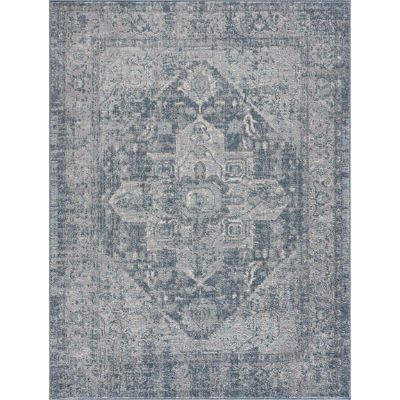 BoutiqueRugs Peeta Boho Oriental Medallion Area Rug - Farmhouse Traditional Floral Carpet for Living Room, Bedroom, Dining Room - Faded Vintage Look - Blue, Gray Blue - 6'7" x 9'
