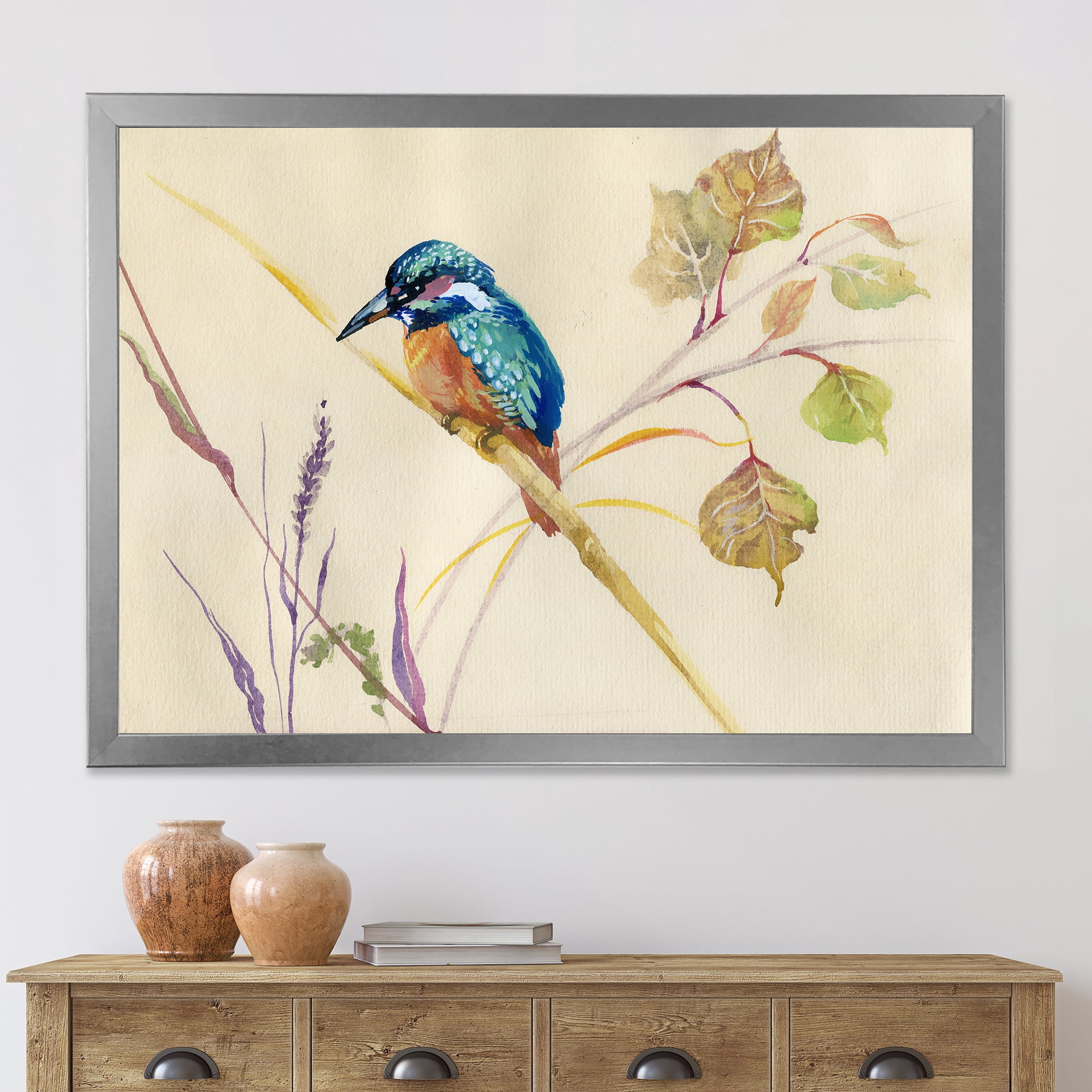 Designart 'Common Kingfisher Bird On Branch' Traditional Framed Art Print