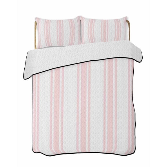 Quilts Full Size Bedding Set, Pink Striped Lightweight Quilted Comforter, Farmhouse Aesthetic Modern Stripes Soft Reversible Bedspread Coverlet with Pillow Covers for All Season, 78" x 90"