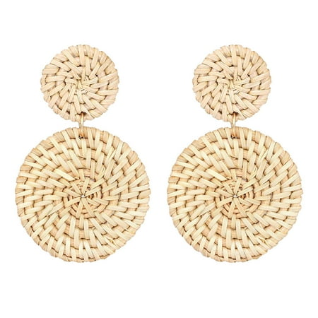 - Bohemian Rattan Pendant Declaration Earrings Weaving Straw Double Disc Earrings