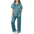 thumbnail image 2 of Kids Valentines Pajamas Girls Silk Satin Pajamas Set 2 Piece Button Down Bow Short Sleeve Top Pants Sleepwear Set Nightwear Summer Fall Baby Clothes New Year Birthday Gifts 3-14Y Dark Green,110=3-4Y, 2 of 4