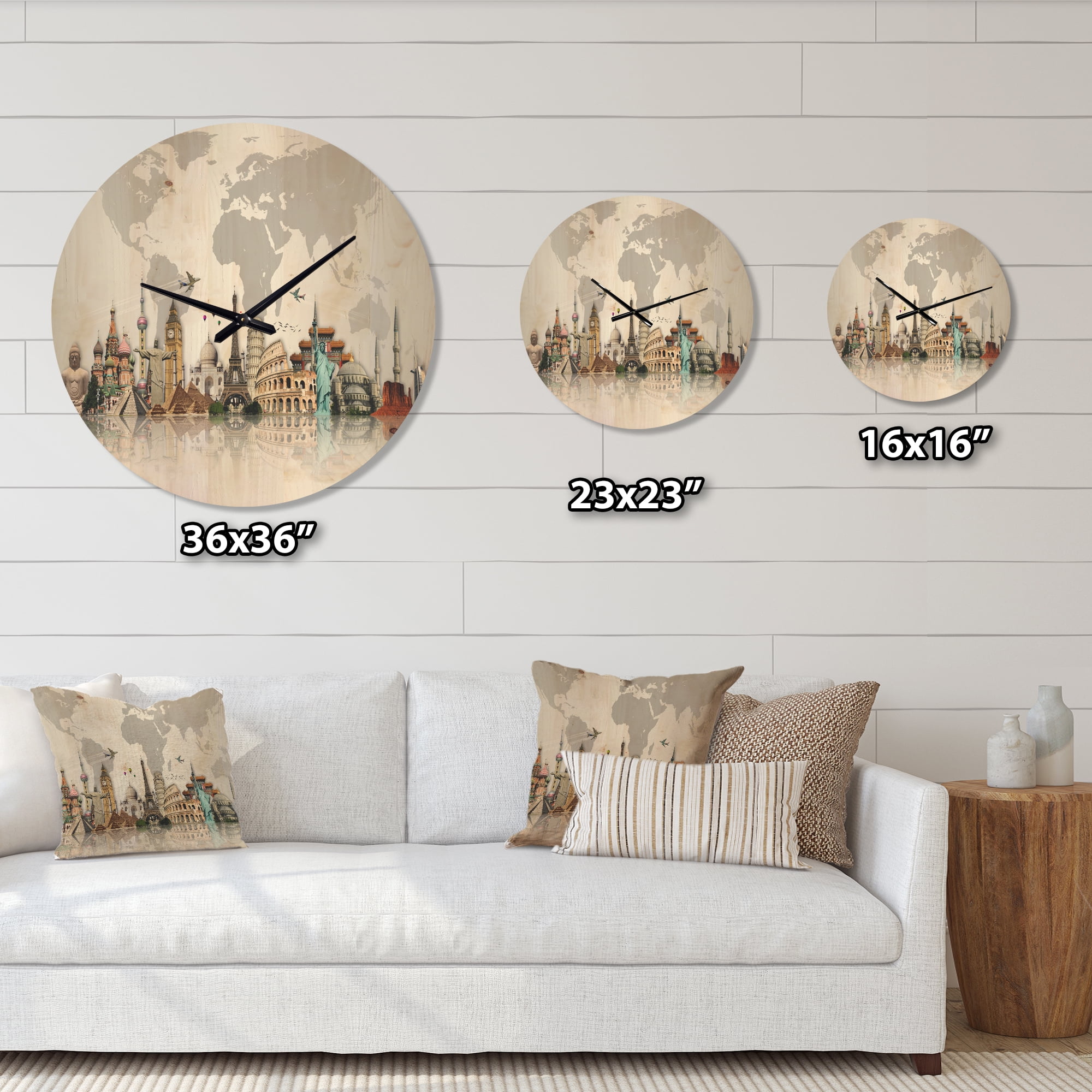 Designart 'World Famous Monuments' Modern Wood Wall Clock