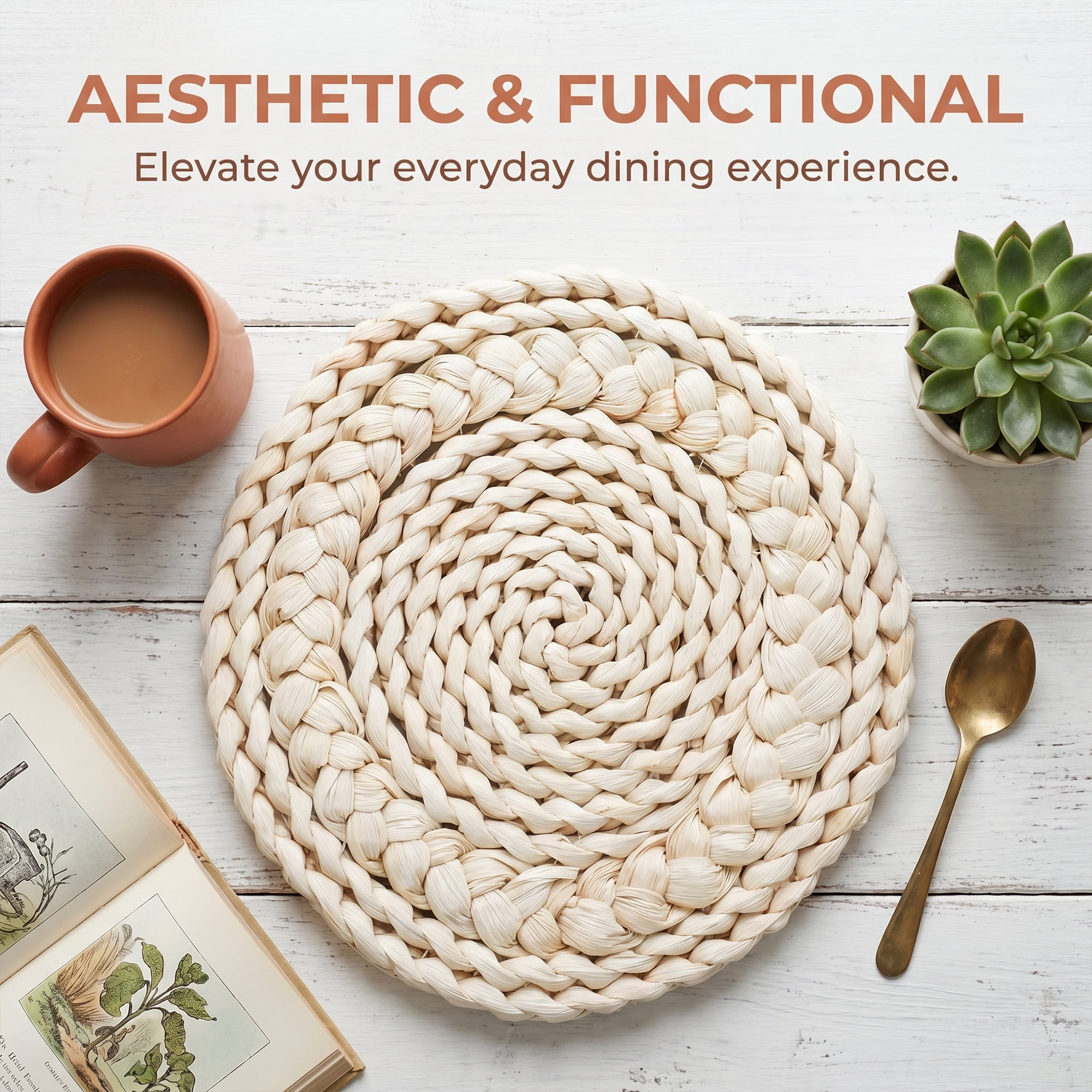 Unique Bargains 4Pcs Round Woven Dining Table Decor Placemats Beige 7.9x7.9in