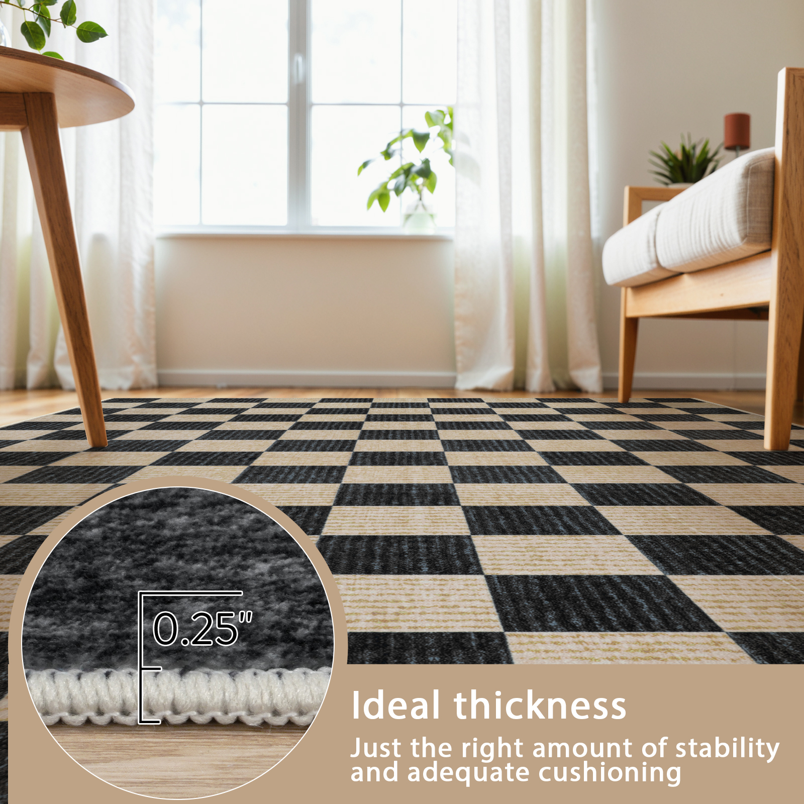 RUG ROBOT 6'x9' Area Rugs for Living Room, Washable Non-Slip Checkered Rugs for Bedroom, Dining Room, Soft Low-Pile Classic Farmhouse Geometric Indoor Large Accent Carpet, Black