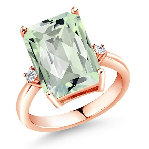 Gem Stone King 18K Rose Gold Plated Silver Green Prasiolite and White Diamond Ring for Women (6.67 Cttw, Emerald Cut Checkerboard 14x10MM, Gemstone Birthstone, Size 9)