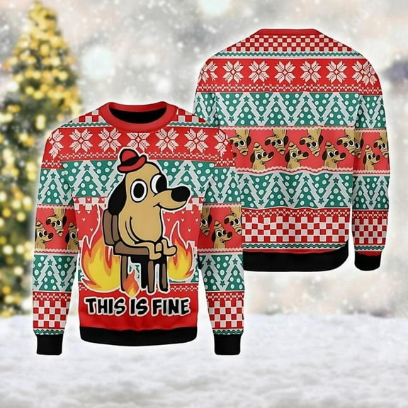 This is Fine Meme Ugly Christmas Sweater, Xmas Sweatshirt, Christmas Gift for Men Women Kid, Cute Dog Meme Tee, Dog Lover Xmas Gift