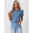 thumbnail image 3 of DARING DIVA Women's Denim Short Puff Sleeve Spread Collared Button Up Shirt L Light Blue, 3 of 6