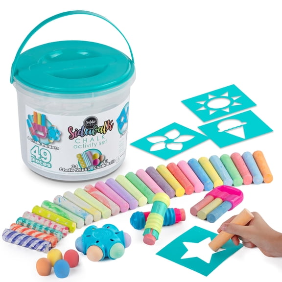 Loddie Doddie Sidewalk Chalk Activity Bucket with Holders and Stencils, Washable, 49 Pieces