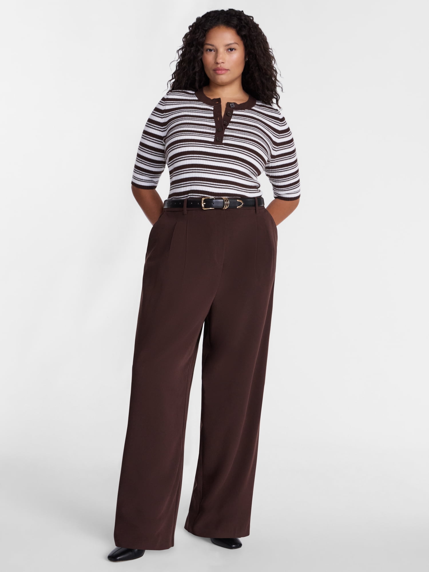 Terra & Sky Women's Plus Short Sleeve Stripe Henley Sweater Top, Sizes 0X-5X