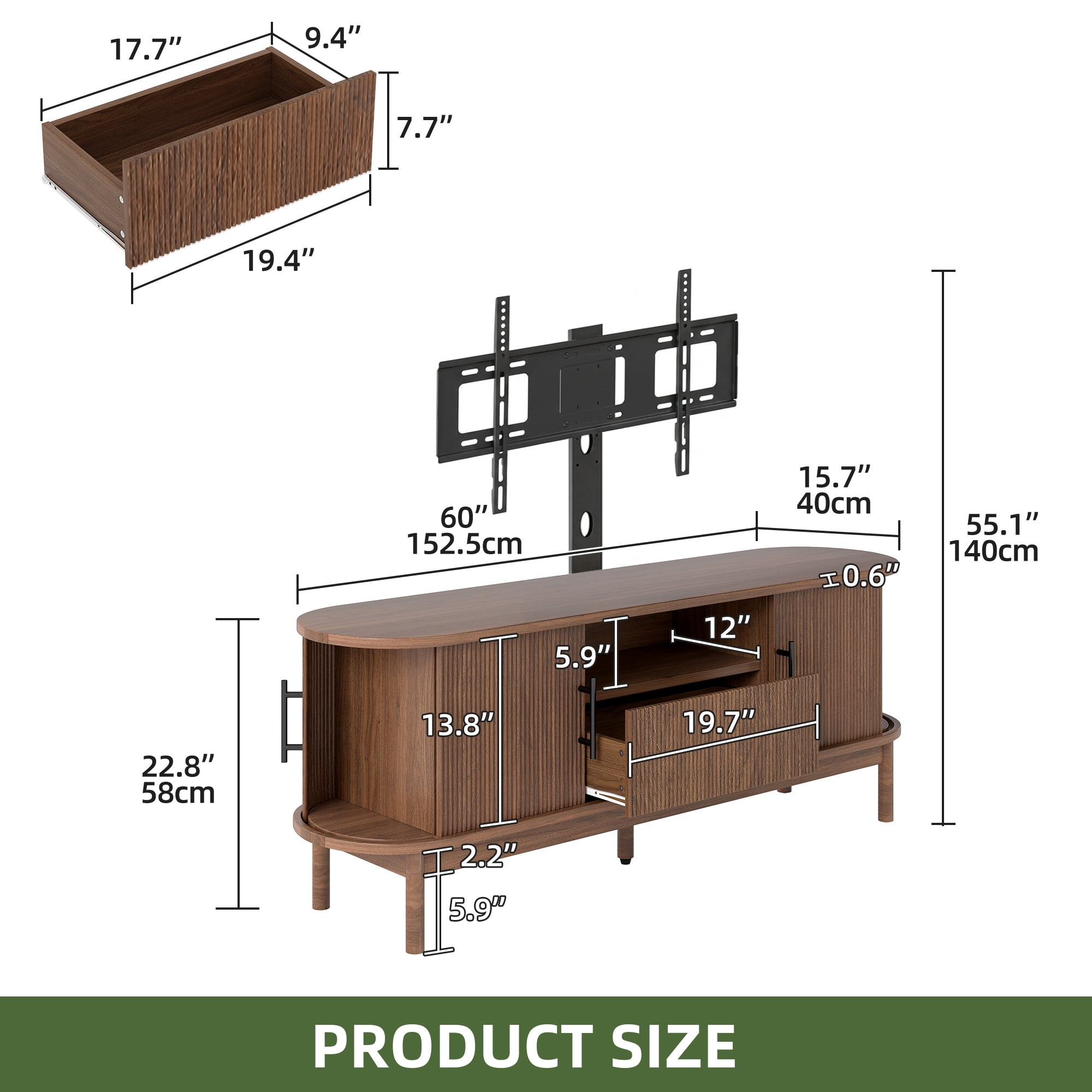 Uforic 60 Inch Walnut Fluted TV Stand with Adjustable TV Mount, Doors & Storage Drawer, Fits 32-70 Inch TVs for Living Room, Walnut