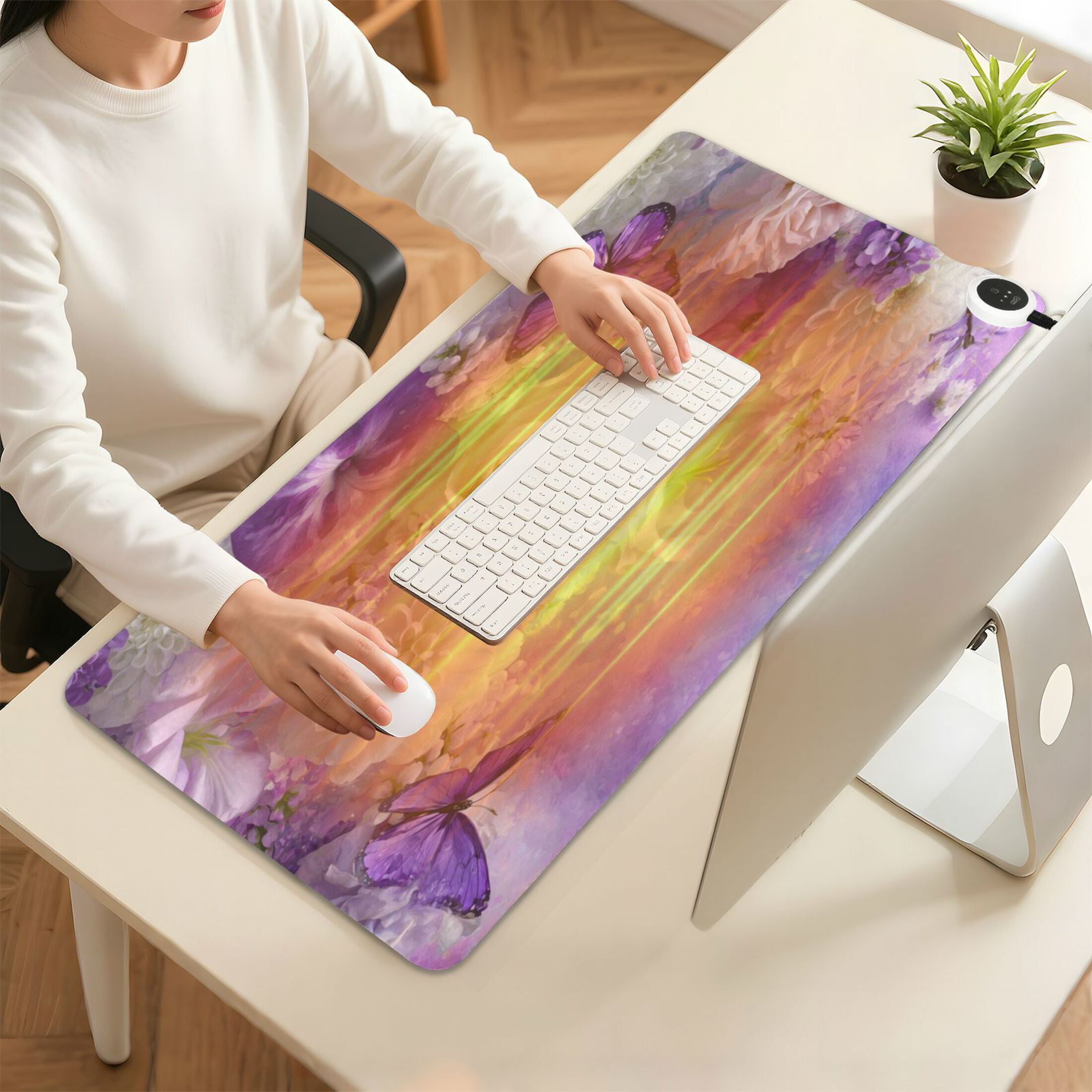 Wobogo Purple Butterfly Floral Heated Mouse Pad Extra-Large Desk Mat With 3 Heating Levels and 3-hour Auto Shut-Off Protection Ideal for Computer Keyboards Home Office Hand-warming Essential 31.5in ×