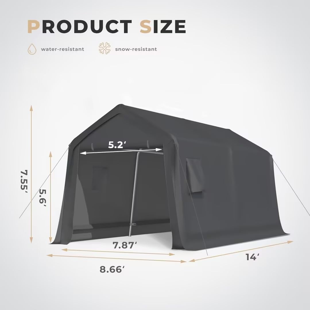 Mellcom 8 X 14 FT Carport Storage Sheds ,Portable Garage with All-Steel Metal Frame and Reinforced Base, All-Season Carport Canopy for Motorcycles,Bikes and Outdoor Tools