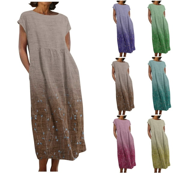 Jinhomg Womens Vacation Dresses Vintage Elegant Boho Floral Print Beach Dress Lightweight Comfy Short Sleeve Crew Neck Maxi Dresses Casual Summer Dress Blue L