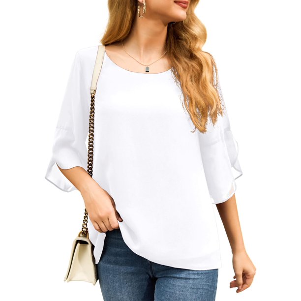 Anygrew Womens Casual Scoop Neck Dressy Blouses 3/4 Sleeve Business