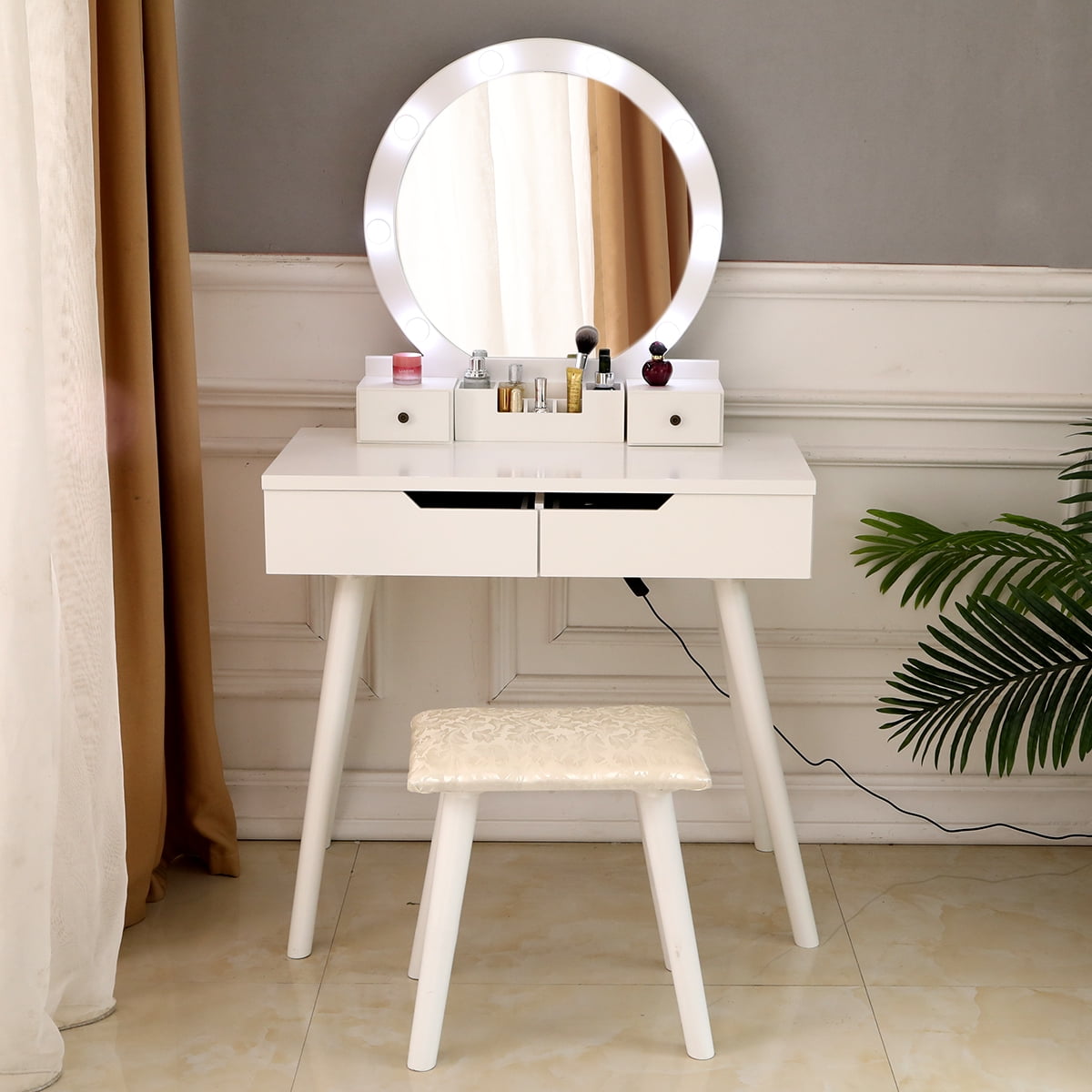 Vanity Table Set With Round Lighted, Vanity Set With Round Lighted Mirror White