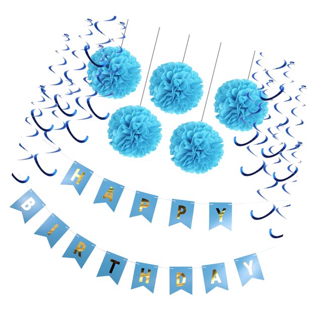 Feliz cumpleaños colgando guirnalda pompom flores bolas remolino kits de decoración azul Sunnimix Decoración de la fiesta de cumpleaños