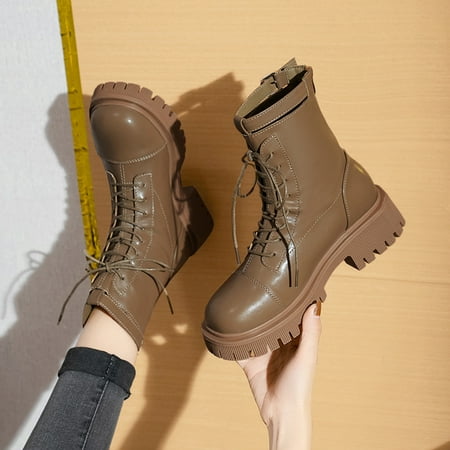 

Fashion Women Solid Color Autumn Thick Sole Square Heels Lace Up Short Booties Round Toe Shoes