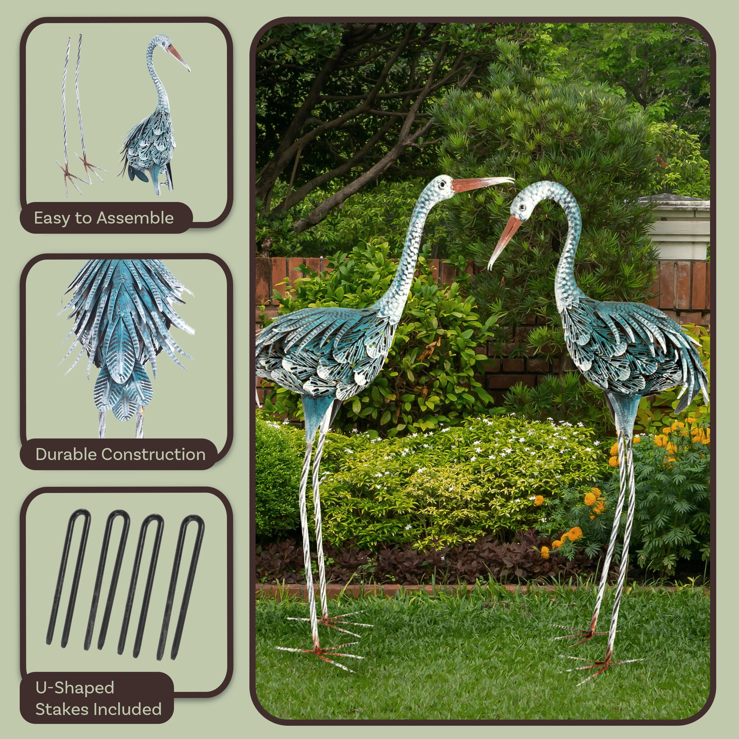 Pure Garden Crane Garden Statues Set of 2 - Metal Yard Art Outdoor Decor