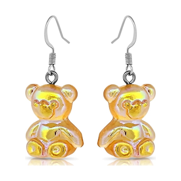 Besheek Silvertone and Orange Resin Gummy Bear Boho Style Dangle Earrings