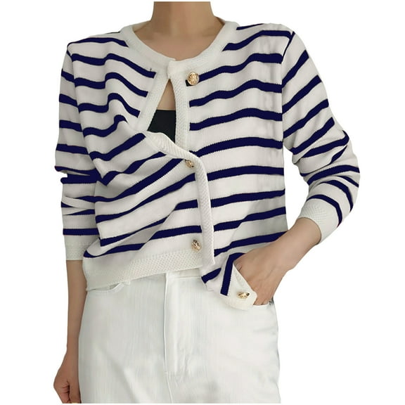 Olyvenn Cardigans for Women Trendy Stripe Knit Sweater Open Front Button Down Coats Long Sleeve Crewneck Knitwear Outwear Blue S