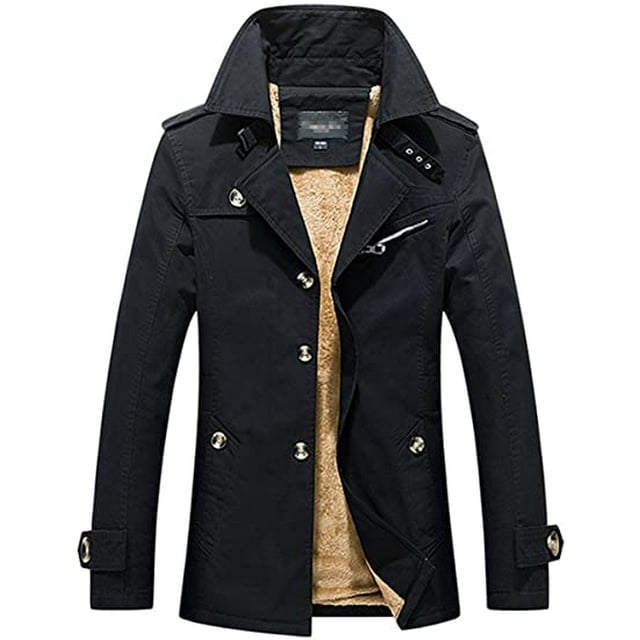 Mens Winter Windbreaker Plus Velvet Mid-Length Slim with Epaulettes Trench Coat