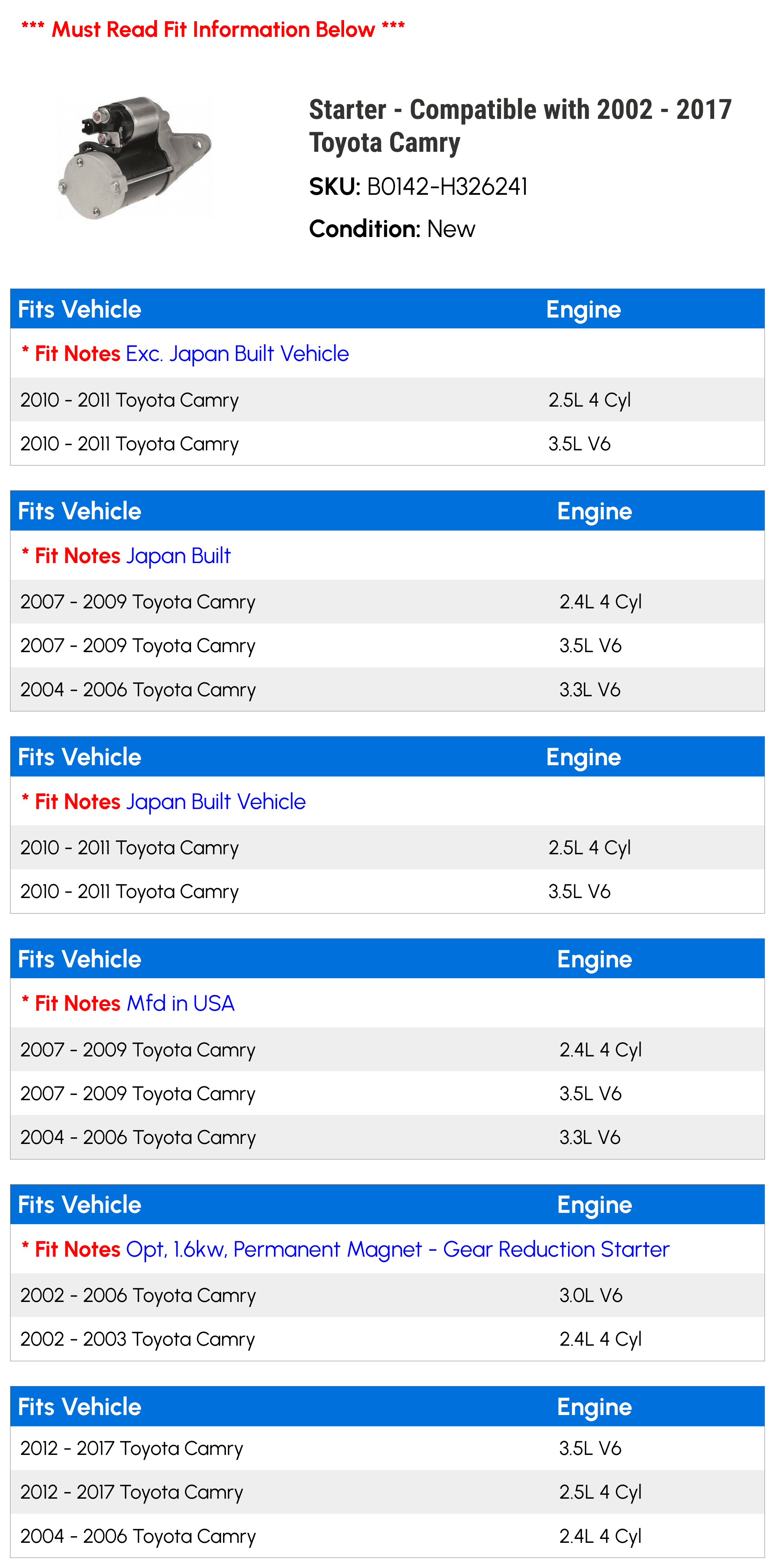 Starter - Compatible with 2002 - 2017 Toyota Camry 2003 2004 2005 2006 2007 2008 2009 2010 2011 2012 2013 2014 2015 2016
