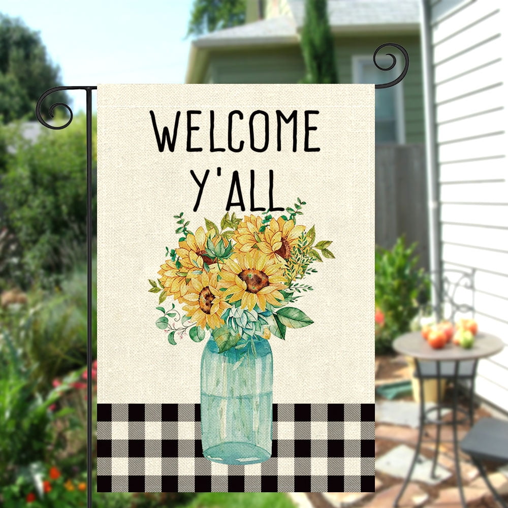 DeeCabin Welcome Y'all Burlap Garden Flag Sunflower Vase Garden Flag ...