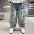 thumbnail image 4 of YunPes Boy's Star Baggy Jeans Teen Boys Straight Wide Leg Denim Pants with Pocket Y2K Hip Hop Streetwear Cargo Pants Patchwork Jeans, 4 of 9