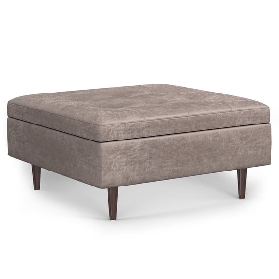 Shay 38 inch Wide Mid Century Modern Square Large Square Coffee Table Storage Ottoman in Distressed Grey Taupe Vegan Faux Leather, Assembled