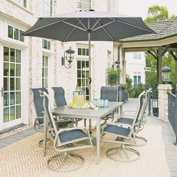 South Beach 9 Pc Rectangular Outdoor Dining Table 6 Swivel Rocking Chairs With Umbrella Base Walmart Com Walmart Com