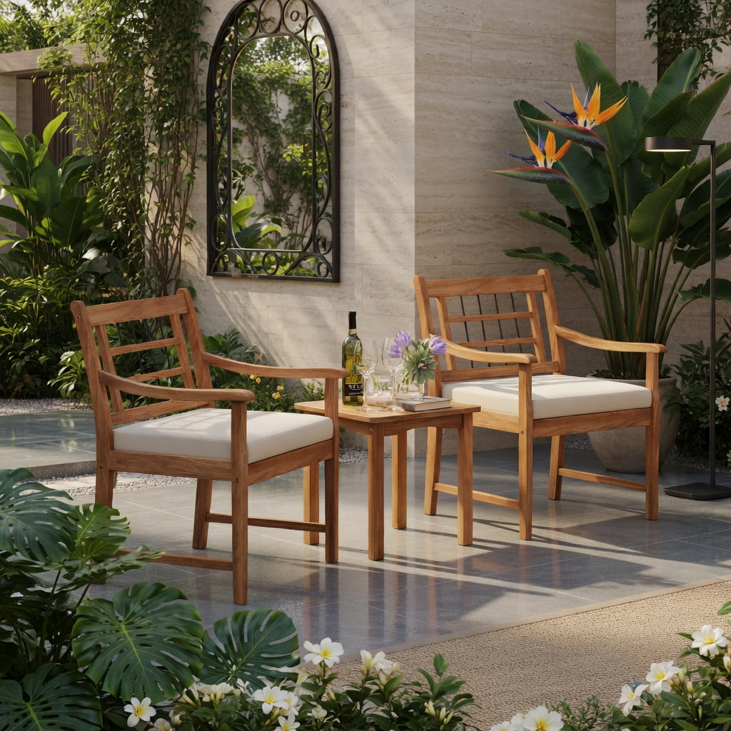 Hommoo 3-Piece Acacia Wood Patio Furniture Set, Outdoor Chair Set with Ergonomic Slatted Design & Matching Coffee Table for Backyard, Poolside, Balcony, White
