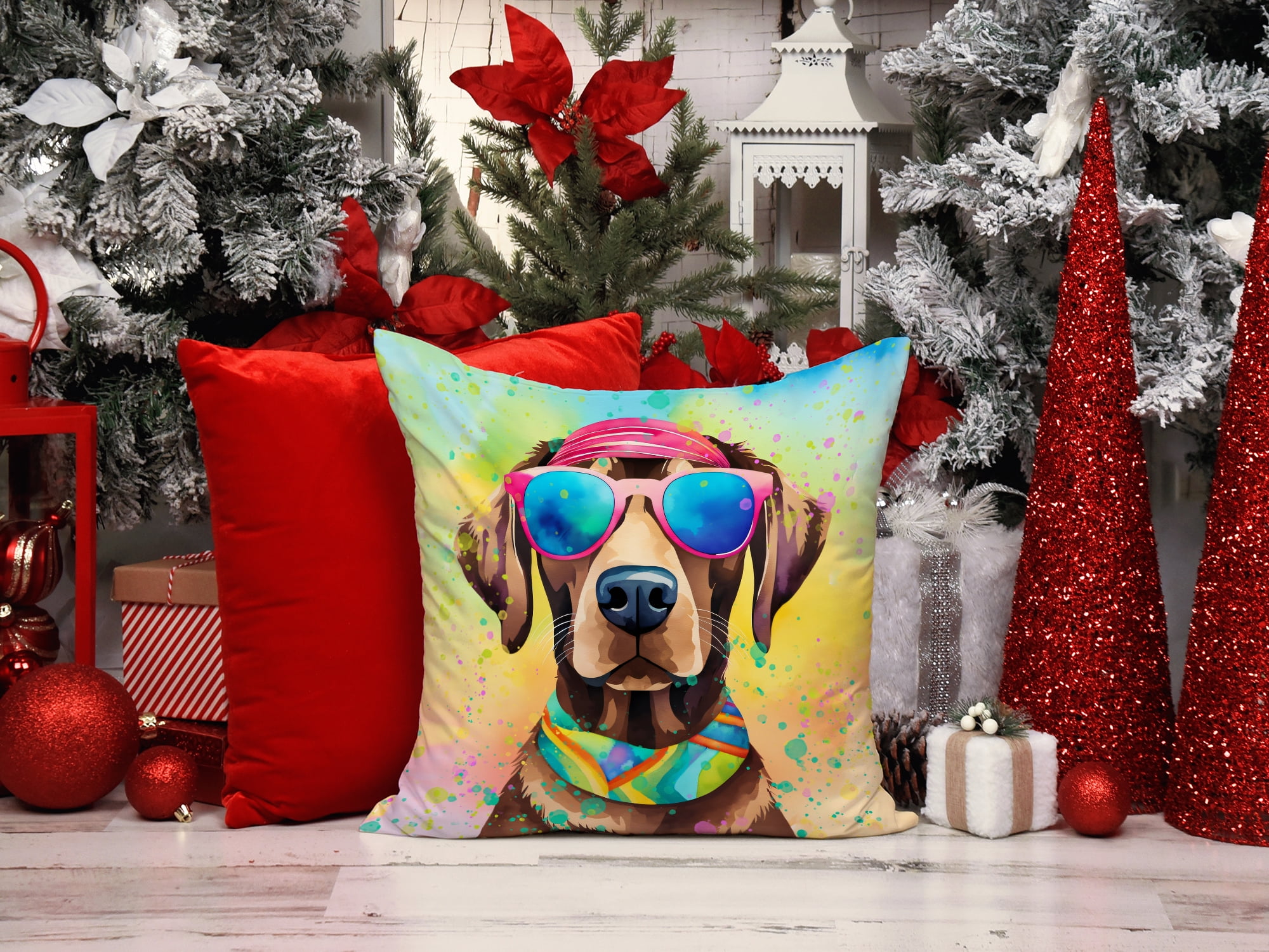 Chocolate Labrador Hippie Dawg Fabric Decorative Pillow 14 in x 14 in