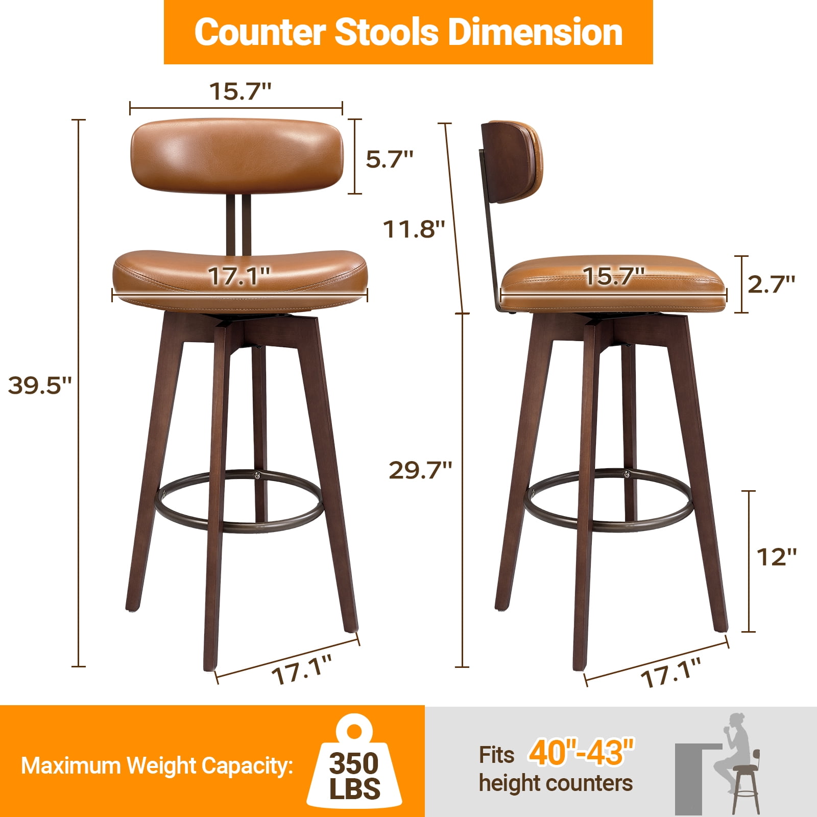 TrumanPick 30" Swivel Bar Stools Set of 2, Brown Faux Leather Counter Height Swivel Barstool with Back & Solid Rubberwood Legs, Counter Stools for Kitchen Island Pub