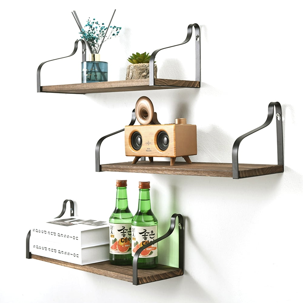 Kepooman 3PCS Floating Shelving, Wall Mounted Rustic Wood Shelves Metal Brackets Storage Set for Bathroom Bedroom Living Room Kitchen, Walnut Kepooman 3PCS Floating Shelving, Wall Mounted Rustic Wood Shelves Metal Brackets Storage Set for Bathroom Bedroom Living Room Kitchen, Walnut