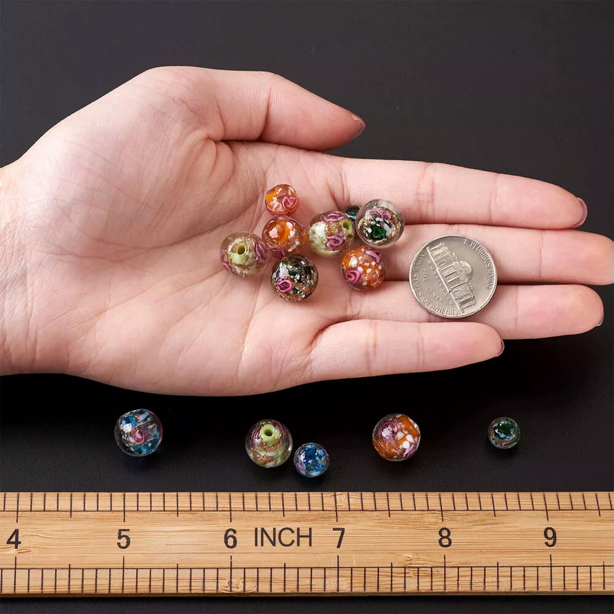 EOEMY 70Pcs Round Handmade Gold Sand Lampwork Beads Inner Flower Loose Spacer 8~12.5mm