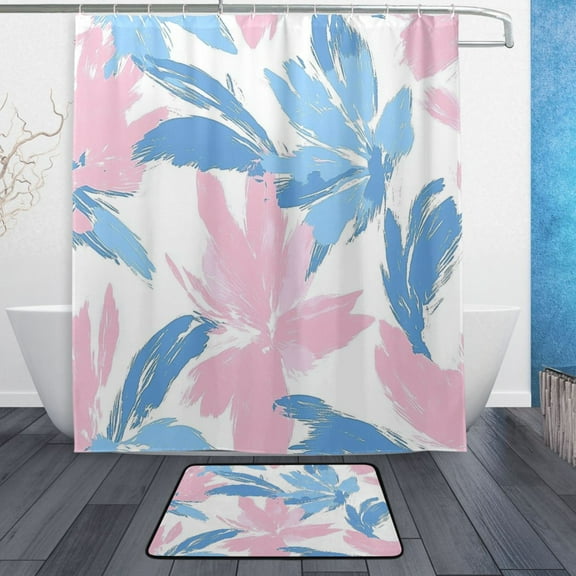Bath Curtain & Non-Slip Bath Mat Set 12-Grommet Shower Curtain Memory Foam Bath Rug Pink and Blue Line Drawings
