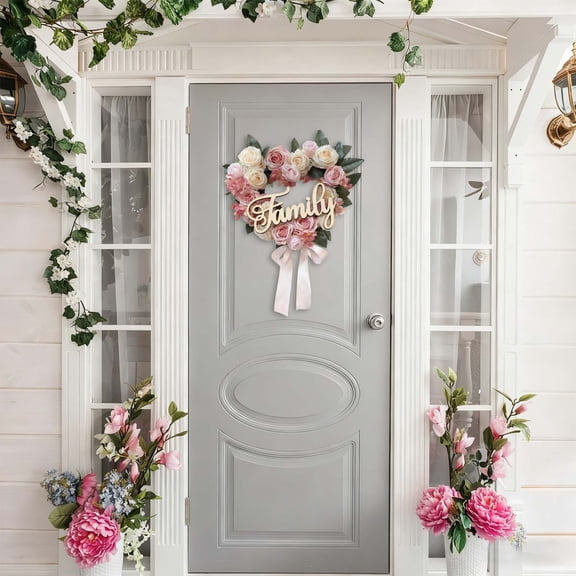 Heart Shaped Rose Wreath, 16 in Pink Artificial Floral Wreath with Ribbons, Vintage Handmade Floral Garland Wreath, for Front Door Wall Dining Table Valentine’s Day Wedding Home Decoration