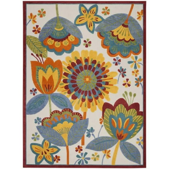 HomeRoots 479418 10 x 13 ft. White Yellow & Blue Floral Non Skid Indoor & Outdoor Rectangle Area Rug