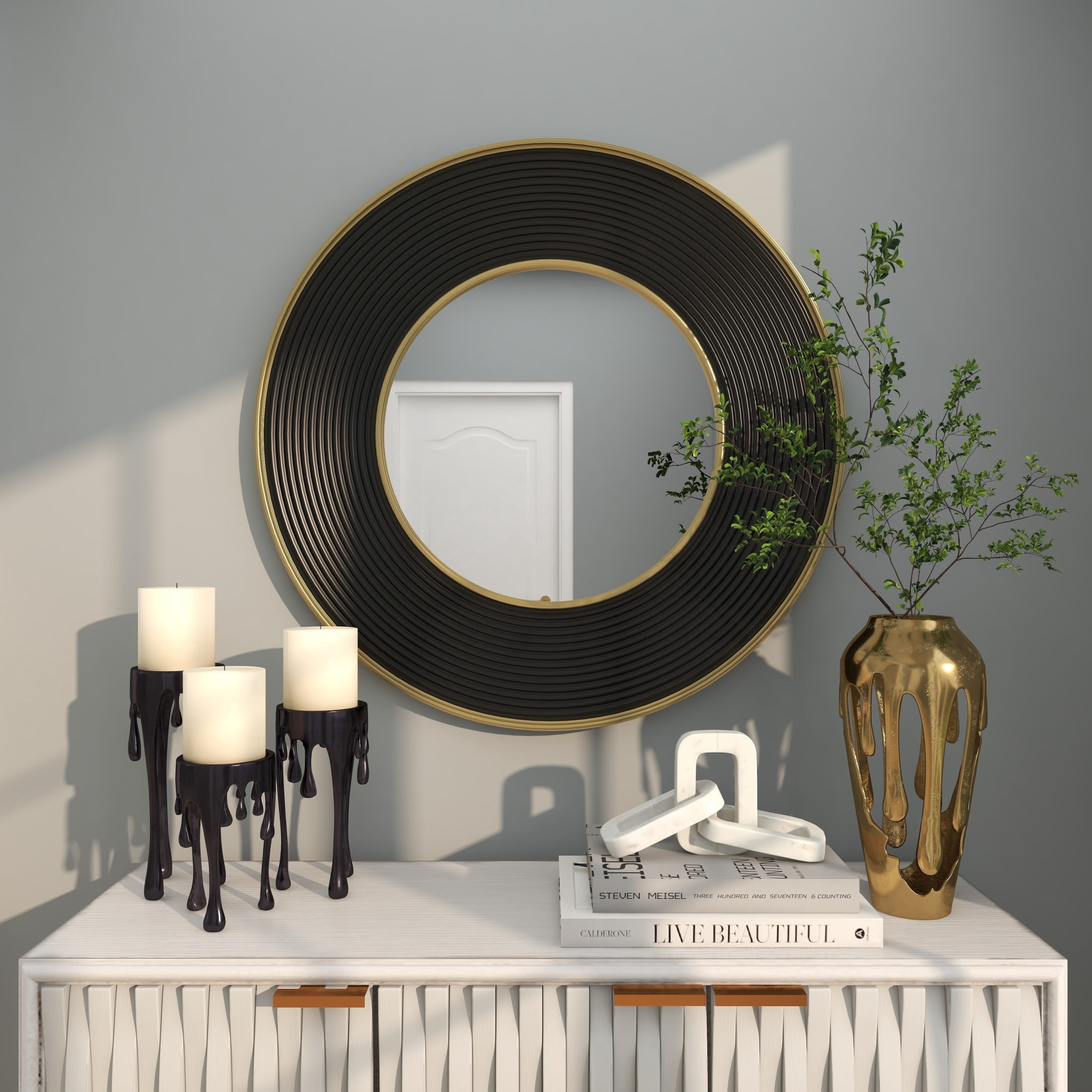 CosmoLiving by Cosmopolitan 35" x 35" Black Ribbed Wall Mirror with Gold Edges