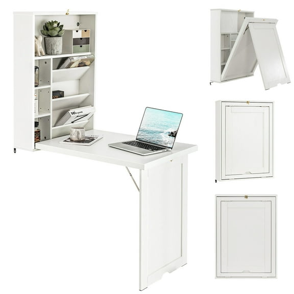 Gymax Wall Mounted Computer Convertible Desk Floating Desk w/ Storage Bookcases White