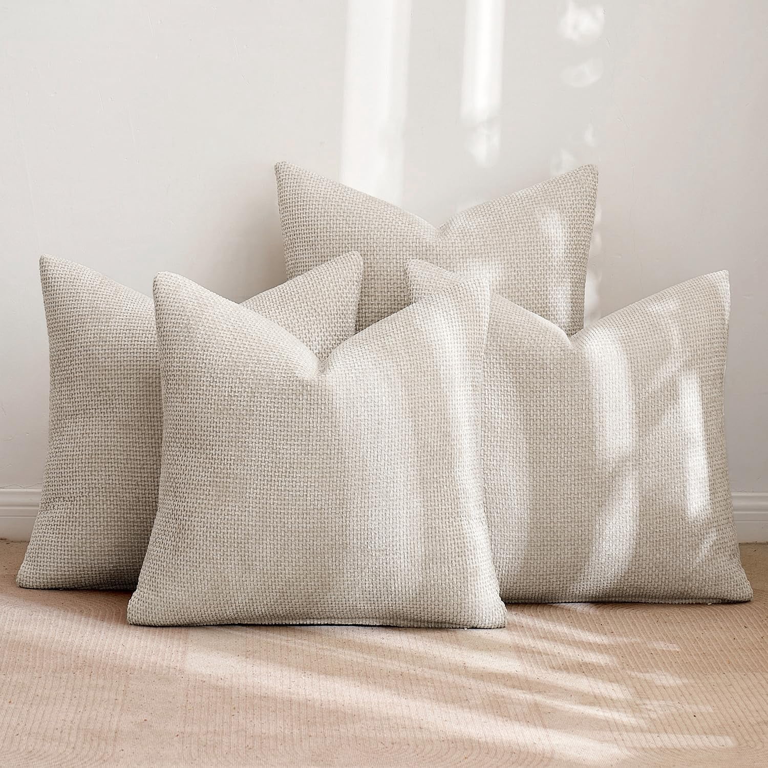 SUSIELADY Set of 4 Decorative Throw Pillow Covers 18x18 Inch, Soft Chenille Cushion Covers for Couch Sofa Bed, Boho Farmhouse Style for Living Room & Bedroom Decor, Cream