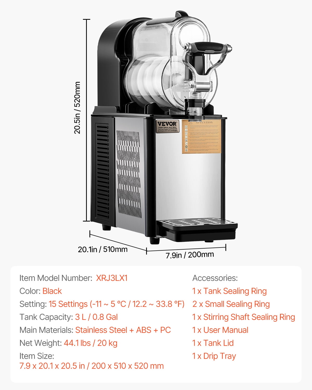 VEVOR Commercial Slushy Machine, 3L Single Tank Frozen Drink Machine, 12 Cups Stainless Steel Margarita Smoothie Frozen Drink Maker, Slushie Maker
